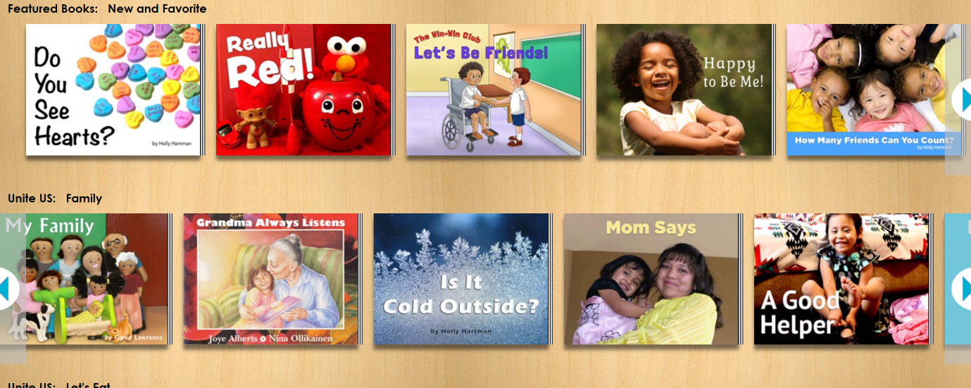 A webpage showing featured children's book covers in two rows, titled New and Favorite and Family.